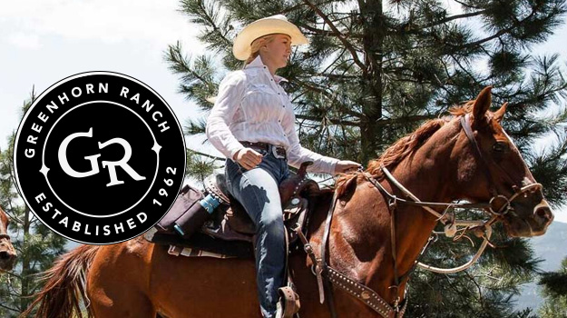 Greenhorn Ranch horseback rider with logo